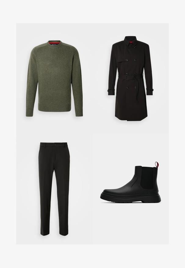 Zwarte trenchcoat met een dubbelzijdig ontwerp, grote knopen, een tailleband en een hoge kraag. Gladde stof met een matte afwerking.; Groene gebreide trui met een ronde halslijn en geribde manchetten, voorzien van een subtiele textuur en borduurdetails nabij de halslijn.; Zwarte broek van gladde stof, met rechte pijpen, een knoopsluiting en een klassiek ontwerp dat geschikt is voor zowel formele als casual gelegenheid.; Zwarte enkelboot met een gladde afwerking, elastische zijpanelen en een contrasterende rode treklus, met een dikke rubberen zool en een afgeronde teen.