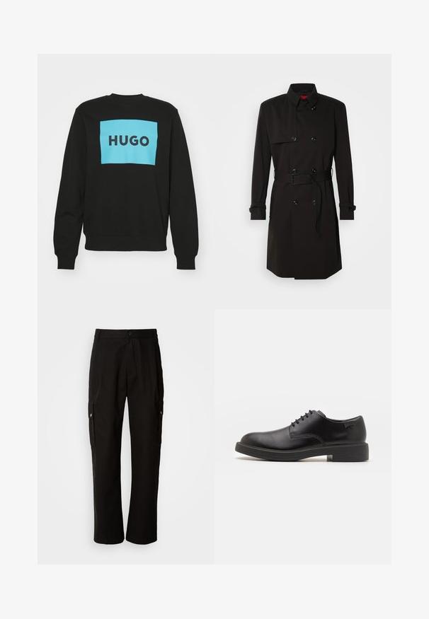 Black trench coat featuring a double-breasted design, large buttons, a belted waist, and a high collar. Smooth fabric with a matte finish.; HUGO DURAGOL - Sweatshirt - black; Black cargo pants made of cotton with a relaxed fit, featuring side pockets, a button closure, and straight legs. Simple design without patterns.; Black leather lace-up shoe with a rounded toe, smooth texture, minimal stitching, and a low rubber heel. Logo on the heel.