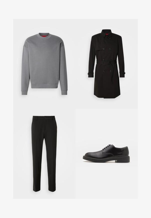 Mustade trench-takid, millel on kahekordselt nööbitud disain, suured nööbid, vööl olev rihm ja kõrge krae. Sile kangas matta viimistlusega.; HUGO DAPOCREW - Pusa - open grey; Mustad püksid siledast kangast, sirgete jalgadega, nupuvõtme sulgemisega ja klassikaline disain, sobiv nii ametlikeks kui ka igapäevasteks kandmiseks.; Must beemel levalis kingad ümarate varvastega, sileda pinnaga, minimaalsete õmblustega ja madala kummist kontsaga. Logo kontsa peal.
