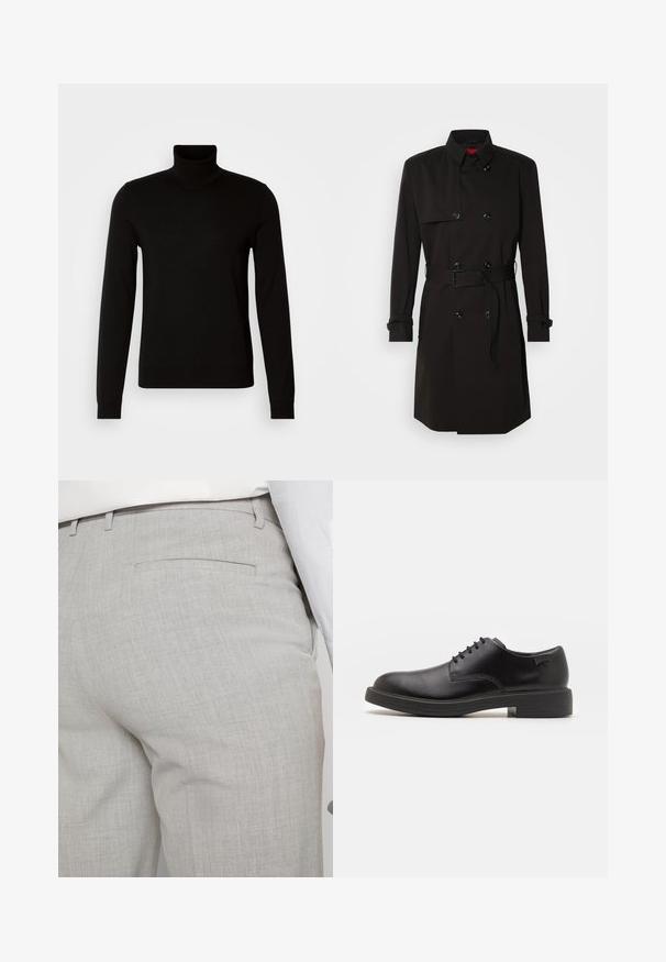 Black trench coat featuring a double-breasted design, large buttons, a belted waist, and a high collar. Smooth fabric with a matte finish.; Black turtleneck sweater made of a fine knit fabric, featuring long sleeves and a fitted silhouette. Smooth texture with ribbed cuffs.; Light gray tailored trousers made of textured fabric, featuring a single back pocket and clean stitching.; Black leather lace-up shoe with a rounded toe, smooth texture, minimal stitching, and a low rubber heel. Logo on the heel.