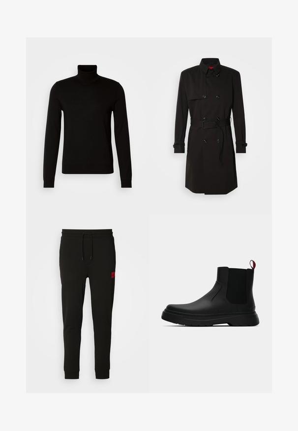 Melns tranšejas mētelis ar dubulto pogu dizainu, lielām pogām, jostu viduklī un augstu apkakli. Gluda auduma ar matētu apdari.; Melna turtlenecks džemperis, izgatavots no smalkas adīšanas auduma, ar garām piedurknēm un pieguļošu siluetu. Gluda tekstūra ar ribotām aprocēm.; Melni sporta bikses, kas izgatavotas no mīksta auduma, ar regulējamu jostasvietu, šauru piegriezumu un sarkanu logo uz kreisā augšstilba.; Melnas potītes ar gludu apdari, elastīgiem sānu paneļiem un kontrastējošu sarkano cilpu, aprīkotas ar biezu gumijas zoli un noapaļotu purngalu.