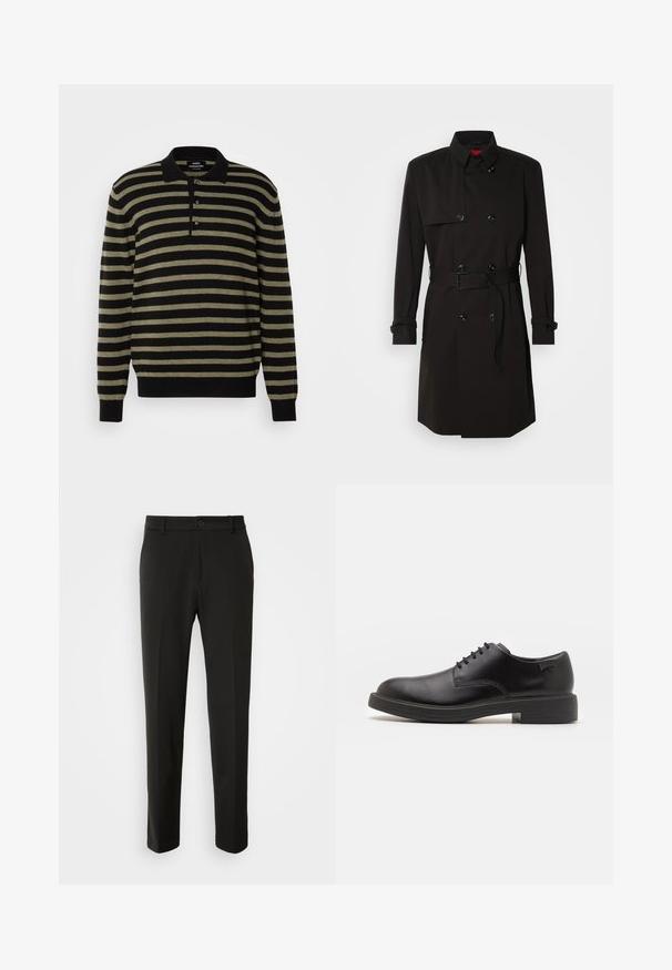 Černý trenčkot s dvouvrstvým designem, velkými knoflíky, páskem v pase a vysokým límcem. Hladká tkanina s matným povrchem.; Černý a olivově zelený pruhovaný svetr s polo límcem, tříknoflíkovou légou a žebrovanými manžetami a lemem. Měkká textilie.; Černé kalhoty vyrobené z hladkého materiálu, s rovnými nohavicemi, zapínáním na knoflík a klasickým designem vhodným pro formální i neformální nošení.; Černé kožené šněrovací boty s kulatou špičkou, hladkým povrchem, minimálním prošíváním a nízkým gumovým podpatkem. Logo na patě.