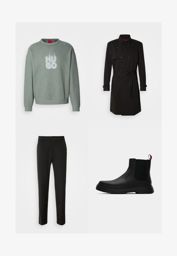 Mustade trench-takid, millel on kahekordselt nööbitud disain, suured nööbid, vööl olev rihm ja kõrge krae. Sile kangas matta viimistlusega.; Hele roheline soonik-sweater, millel on ümara kaeluse lõige ja peen graafika sõnaga "HUGO" valgena eespool.; Mustad püksid siledast kangast, sirgete jalgadega, nupuvõtme sulgemisega ja klassikaline disain, sobiv nii ametlikeks kui ka igapäevasteks kandmiseks.; Mustad musta värvi ankle boot, millel on sile viimistlus, elastsed külgpaneelid ja kontrastne punane tõmbetaba. Saapadel on paks kummist tald ja ümar varvas.