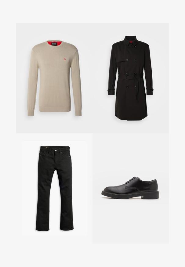 Black trench coat featuring a double-breasted design, large buttons, a belted waist, and a high collar. Smooth fabric with a matte finish.; Beige knitted sweater with long sleeves, round neckline, and a small red logo on the chest. Features ribbed cuffs and hem.; Black denim jeans with a straight leg design, five pockets, metal button closure, and subtle stitching details. Smooth texture and solid color.; Black leather lace-up shoe with a rounded toe, smooth texture, minimal stitching, and a low rubber heel. Logo on the heel.