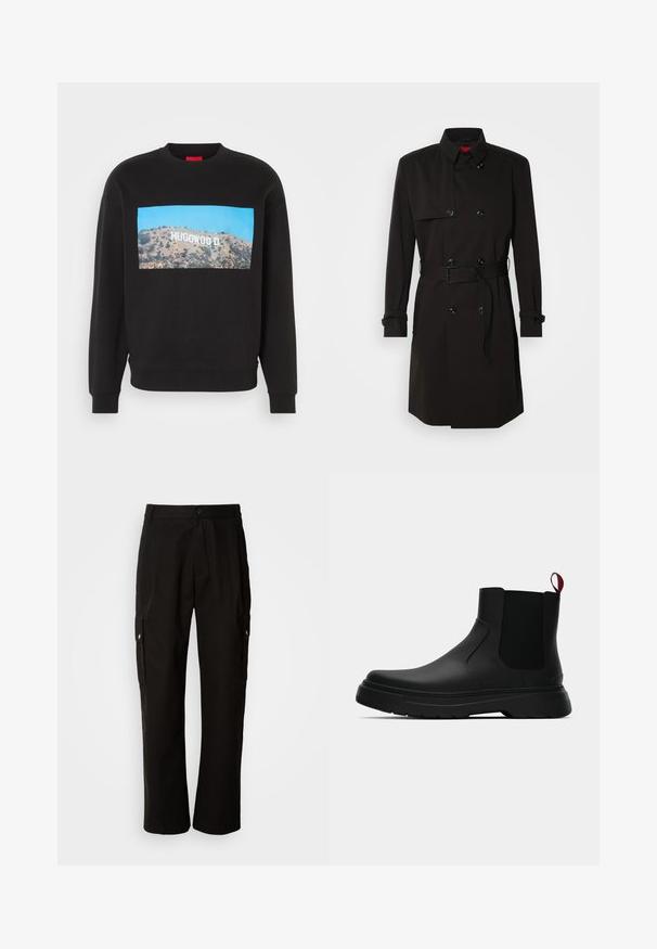 Cappotto lungo nero con design doppiopetto, grandi bottoni, vita con cintura e colletto alto. Tessuto liscio con finitura opaca.; Felpa nera con una grande grafica di una collina con la scritta "HUGOWOOD", incorniciata da un cielo blu. Tessuto morbido con polsini e orlo a costine.; Pantaloni cargo neri in cotone con vestibilità comoda, dotati di tasche laterali, chiusura a bottone e gambe dritti. Design semplice senza motivi.; Stivale alla caviglia nero con finitura liscia, pannelli laterali elastici e un tab di presa rosso a contrasto, dotato di una suola in gomma spessa e punta arrotondata.