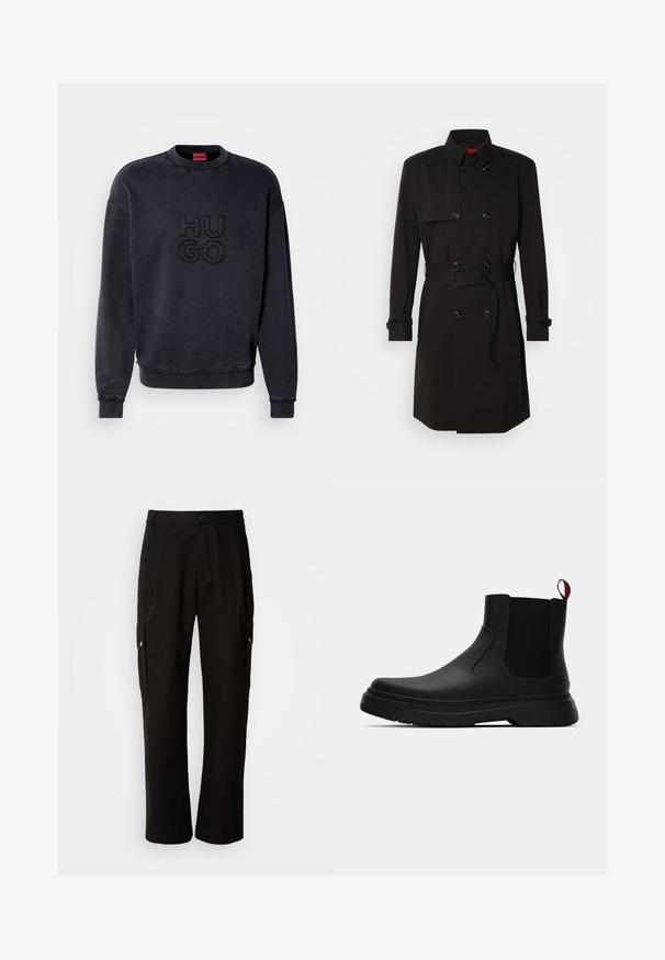 Μαύρο παλτό με διπλό κούμπωμα, μεγάλα κουμπιά, ζωνάκι στη μέση και ψηλό γιακά. Λείο ύφασμα με ματ φινίρισμα.; Μαύρη μπλούζα με στρογγυλή λαιμόκοψη, με ανάγλυφο λογότυπο "HUGO". Μαλακή υφή, ραμμένα μανίκια και στρίφωμα, άνετη εφαρμογή.; Μαύρο cargo παντελόνι από βαμβάκι με χαλαρή εφαρμογή, διαθέτει πλαϊνές τσέπες, κλείσιμο με κουμπί και ίσια πόδια. Απλό σχέδιο χωρίς μοτίβα.; Μαύρη αστράγαλη μποτάκι με λείο φινίρισμα, ελαστικές πλευρικές πάνελ και εναν αντίθετο κόκκινο χερούλι, με παχιά καουτσούκ σόλα και στρογγυλή μύτη.
