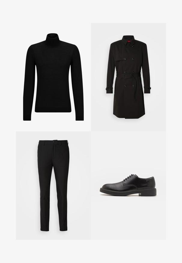 Melns tranšejas mētelis ar dubulto pogu dizainu, lielām pogām, jostu viduklī un augstu apkakli. Gluda auduma ar matētu apdari.; Melnā augstā kakla džemperis, kas izgatavots no mīksta materiāla, ar garām piedurknēm un pieguļušu piegriezumu. Ribota apdare ap apakšu un piedurknēm. Vienkāršs dizains.; Melni bikses ar šauru piegriezumu, ar pogu aizdari, rāvējslēdzēju un divām priekšējām kabatām. Gluda auduma ar matētu apdari.; Melna āda sašūta kurpe ar noapaļotu purngalu, gludu tekstūru, minimālu šuvju skaitu un zemu gumijas papēdi. Logo uz papēža.