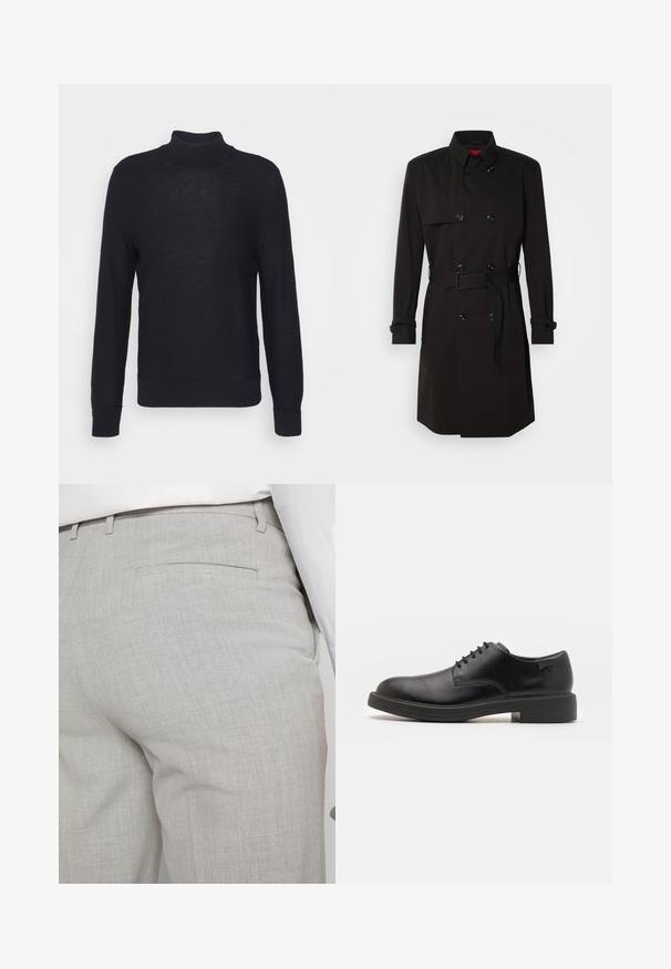 Fekete trench kabát, dupla gombos dizájnnal, nagy gombokkal, övvel ellátott derékkal és magas gallérral. Simább anyag, matt felülettel.; Fekete, könnyű anyagból készült garbópulóver, hosszú ujjakkal, bordázott mandzsettákkal és aljjal. Finom tónusú márkajelzés a mellrészen.; Világosszürke, texturált anyagból készült szabott nadrág, egyetlen hátsó zsebbel és tiszta varrással.; Fekete bőrcipő, kerek orrú, sima felületű, minimális varrással és alacsony gumitalppal. Logó a sarokrészen.