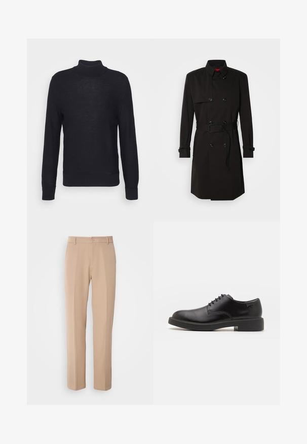 Černý trenčkot s dvouvrstvým designem, velkými knoflíky, páskem v pase a vysokým límcem. Hladká tkanina s matným povrchem.; Černý rolák vyrobený z lehkého materiálu, s dlouhými rukávy a žebrovanými manžetami a spodním lemem. Diskrétní tónové logo na hrudi.; Béžové kalhoty vyrobené z hladkého materiálu, s rovnými nohavicemi, předním zapínáním na knoflík a jemnými sklady podél přední části.; Černé kožené šněrovací boty s kulatou špičkou, hladkým povrchem, minimálním prošíváním a nízkým gumovým podpatkem. Logo na patě.