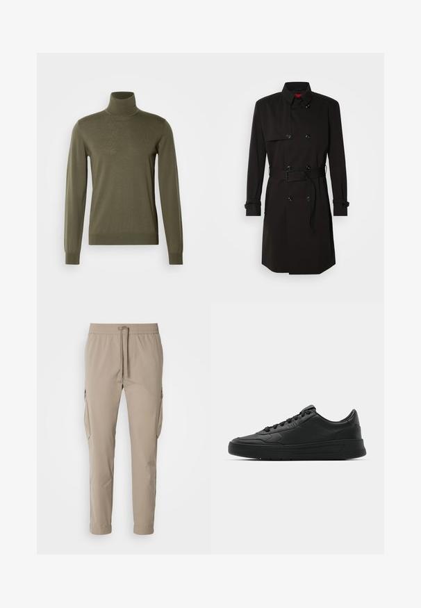 Mustade trench-takid, millel on kahekordselt nööbitud disain, suured nööbid, vööl olev rihm ja kõrge krae. Sile kangas matta viimistlusega.; HUGO SAN THOMAS - Džemper - olive; Beige cargo püksid elastse vöökohtaga ja nööriga. Omab küljetaskuid ja kitsenevat sääre disaini, valmistatud kergest kangast.; Mustmustel musta nahast ülemise osaga, ümmarguse varbaga, lamest paeltega, pehmendatud kaeluse ja minimalistliku disainiga. Kummist tald, millel on peen tihenemine.