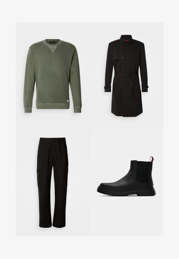 Zwarte trenchcoat met een dubbelzijdig ontwerp, grote knopen, een tailleband en een hoge kraag. Gladde stof met een matte afwerking.; Groene sweatshirt gemaakt van textuurstof, met een ronde halslijn, lange mouwen en een klein merklabel aan de onderkant links.; Zwarte cargobroek van katoen met een relaxte pasvorm, voorzien van zijzakken, een knoopsluiting en rechte pijpen. Eenvoudig ontwerp zonder patronen.; Zwarte enkelboot met een gladde afwerking, elastische zijpanelen en een contrasterende rode treklus, met een dikke rubberen zool en een afgeronde teen.