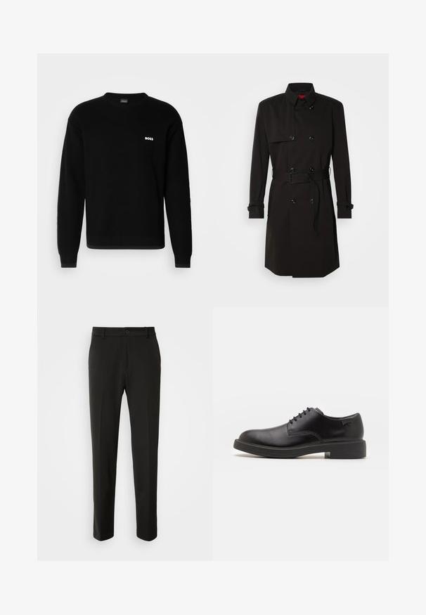Juodas ilgas paltas su dvigubu užsegimu, didelėmis sagomis, diržu ties juosmeniu ir aukštu apykakle. Lygi medžiaga su matinio paviršiaus apdaila.; Juodas megztinis su apvalia iškirpte, pagamintas iš tekstūruotos medžiagos. Su balta "BOSS" logotipu krūtinėje ir šonkauline apykakle bei apačia.; Juodi kelnes, pagamintos iš lygaus audinio, su tiesiomis kojomis, mygtuko uždarymu ir klasikiniu dizainu, tinkamu tiek formaliai, tiek kasdienei aprangai.; Juodas odinis batų modelis su raišteliais, apvaliu nosiu, lygiu paviršiumi, minimaliai siuvinėjimu ir žemu guminėmis pakulne. Ant pakulnės šalia logo.