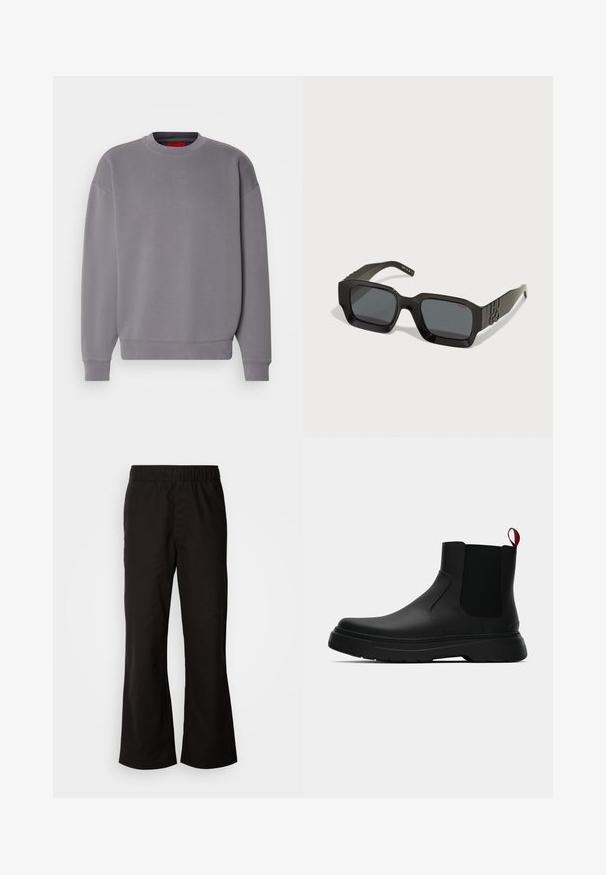 Czarny płaszcz typu trench z podwójnym zapięciem, dużymi guzikami, paskiem w talii oraz wysokim kołnierzem. Gładki materiał o matowym wykończeniu.; Szary sweatshirt z okrągłym dekoltem, ściągaczami na rękawach i u dołu; posiada subtelną, wyszywaną logotyp na klatce piersiowej. Miękki, teksturowany materiał.; Czarne spodnie z elastycznym pasem w kształcie dzwonów, wykonane z gładkiej bawełnianej tkaniny. Posiadają prosty krój i proste nogawki.; Czarny botek za kostkę o gładkim wykończeniu, z elastycznymi bocznymi panelami i kontrastującą czerwoną pętelką, z grubą gumową podeszwą i zaokrąglonym noskiem.; HUGO - Okulary przeciwsłoneczne