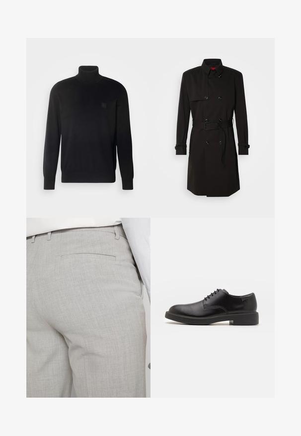 Czarny płaszcz typu trench z podwójnym zapięciem, dużymi guzikami, paskiem w talii oraz wysokim kołnierzem. Gładki materiał o matowym wykończeniu.; Czarny sweter typu golf z długimi rękawami, z rikardowaną kołnierzykiem i mankietami, wykonany z gładkiego materiału. Na piersi ma małą naszywkę z logo.; Jasnoszare, dopasowane spodnie wykonane z fakturowanej tkaniny, z pojedynczą tylną kieszenią i starannym przeszyciem.; Czarny skórzany but za kostkę z okrągłym noskiem, gładką fakturą, minimalnym przeszyciem i niskim gumowym obcasem. Logo na pięcie.
