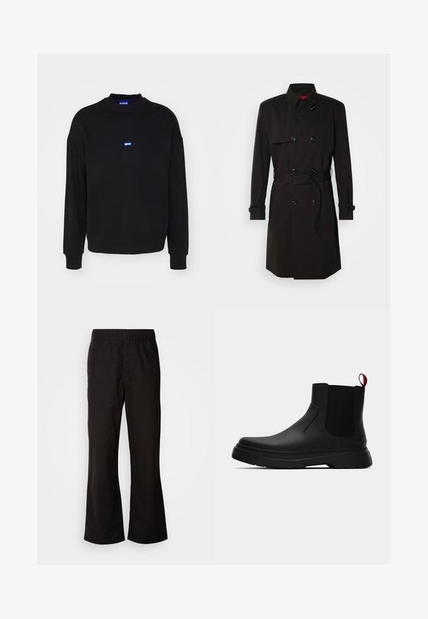 Fekete trench kabát, dupla gombos dizájnnal, nagy gombokkal, övvel ellátott derékkal és magas gallérral. Simább anyag, matt felülettel.; Fekete pulóver hosszú ujjakkal és bordás mandzsettával. Középen, a mell részen található egy kis kék logó. Puha anyagból készült.; Fekete rugalmas derékpántos nadrág, melynek flare fazonja van, sima pamut anyagból készült. Egyszerű kialakítással és egyenes szárnyítókkal rendelkezik.; Fekete bokacipő sima felülettel, ruganyos oldalsó panelek és kontrasztos piros húzópánt jellemzi, vastag gumitalppal és lekerekített orral.