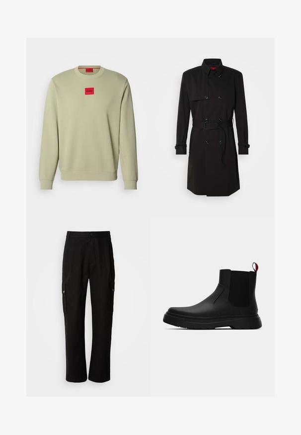 Sort trenchcoat med dobbeltrækkerdesign, store knapper, beltestrop i taljen og høj krave. Glat stof med mat finish.; Lys grøn sweatshirt med rund hals, ribbede ærmer og et lille rødt rektangulært broderet logo på brystet. Blød stofstruktur.; Sorte cargo bukser lavet af bomuld med en afslappet pasform, der har sidelommer, knaplukning og lige ben. Enkel design uden mønstre.; Sort ankelstøvle med en glat overflade, elastiske sidepaneler og en kontrasterende rød træksløjfe, der har en tyk gummisål og rund tå.