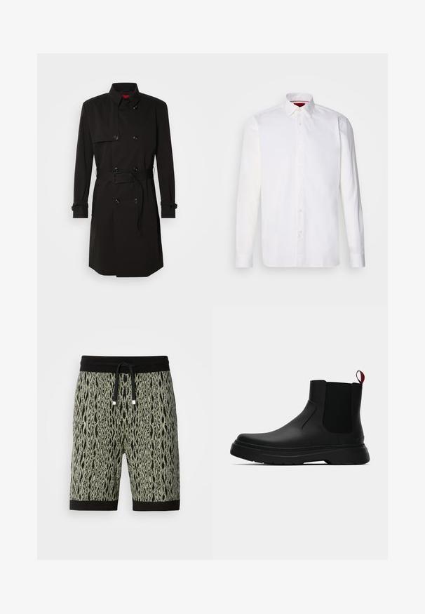 Black trench coat featuring a double-breasted design, large buttons, a belted waist, and a high collar. Smooth fabric with a matte finish.; White long-sleeve shirt made of cotton, featuring a classic collar, front placket with buttons, and a smooth texture. Red inner collar detail.; Patterned shorts in green and black with a snake-inspired design, featuring a black drawstring waist and contrasting black hem.; Black ankle boot with a smooth finish, elastic side panels, and a contrasting red pull tab, featuring a thick rubber sole and rounded toe.