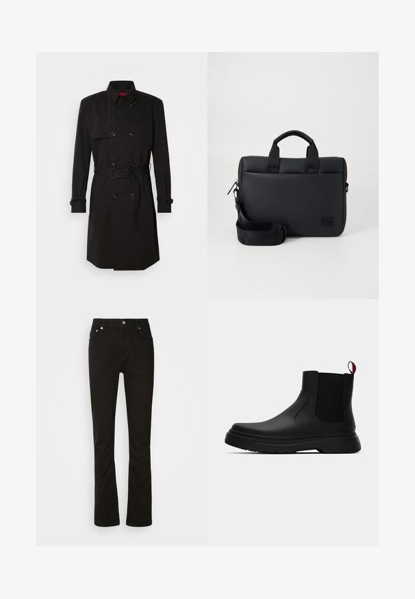 Cappotto lungo nero con design doppiopetto, grandi bottoni, vita con cintura e colletto alto. Tessuto liscio con finitura opaca.; Camicia a righe blu e bianche con colletto, taschino sul petto, e maniche lunghe, realizzata in tessuto leggero.; Jeans in denim nero con design a gamba dritta, caratterizzati da tasche frontali, chiusura lampo e dettagli in metallo argentato. Texture liscia, senza fantasie.; Stivale alla caviglia nero con finitura liscia, pannelli laterali elastici e un tab di presa rosso a contrasto, dotato di una suola in gomma spessa e punta arrotondata.; Borsa per laptop nera con texture, dotata di doppie maniglie superiori, tracolla staccabile, chiusura con zip e un piccolo patch logo per il branding.