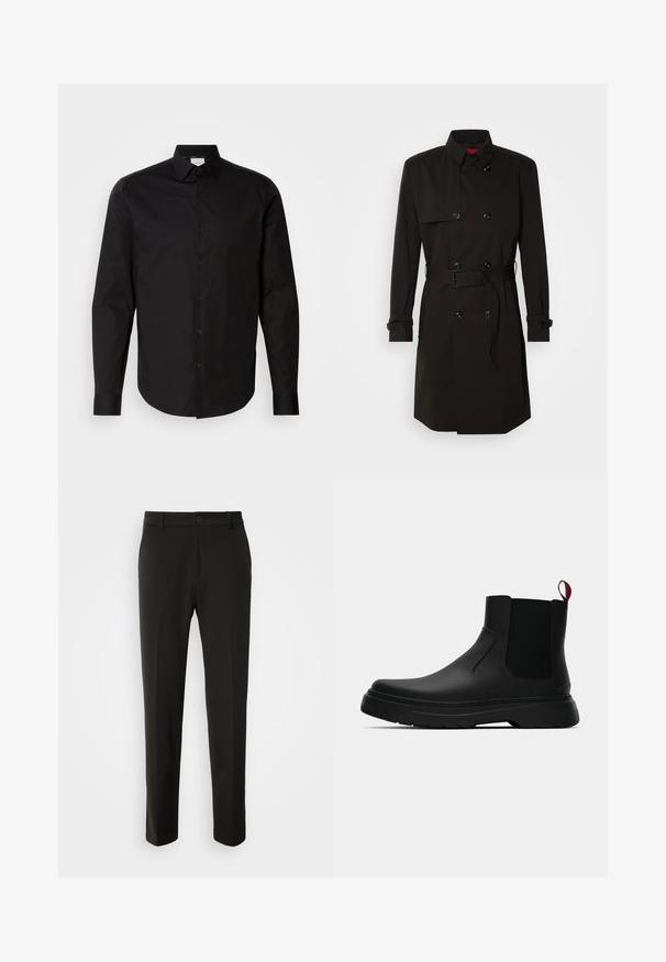 Palton negru cu un design cu dublu rând, butoane mari, talie cu curea și guler înalt. Material neted cu o finisare mată.; Cămașă neagră cu mâneci lungi și nasturi, confecționată dintr-un material de bumbac neted. Dispune de un guler clasic, nasturi frontali și un tiv curbat.; Pantaloni negri dintr-un material neted, cu picioare drepte, închidere cu nasture și un design clasic, potriviți atât pentru ocazii formale, cât și pentru cele casual.; Botine negre până la gleznă, cu un finisaj neted, panouri laterale elastice și un tab de prindere roșu contrastant, având o talpă groasă din cauciuc și vârf rotunjit.