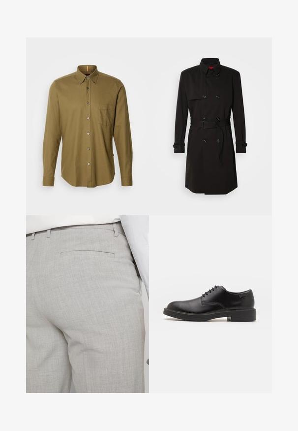 Schwarzer Trenchcoat mit einem doppelt knöpfbaren Design, großen Knöpfen, einem taillierten Gürtel und einem hohen Kragen. Glattes Material mit matter Oberfläche.; BOSS RICKERT - Hemd - open green; Hellgraue, maßgeschneiderte Hose aus strukturiertem Stoff, mit einer einzelnen Gesäßtasche und sauberer Nahtführung.; Schwarzer Leder-Schnürschuh mit abgerundetem Zeh, glatter Textur, minimaler Naht und niedrigem Gummiabsatz. Logo auf der Ferse.