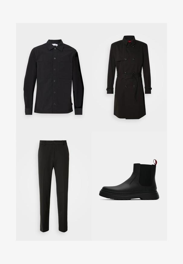 Mustade trench-takid, millel on kahekordselt nööbitud disain, suured nööbid, vööl olev rihm ja kõrge krae. Sile kangas matta viimistlusega.; Must mustaga with long varrukatega, millel on terav krae, esine nööpide sulgemine, kaks rinna taskut ja sile, tekstuuriga kangas.; Mustad püksid siledast kangast, sirgete jalgadega, nupuvõtme sulgemisega ja klassikaline disain, sobiv nii ametlikeks kui ka igapäevasteks kandmiseks.; Mustad musta värvi ankle boot, millel on sile viimistlus, elastsed külgpaneelid ja kontrastne punane tõmbetaba. Saapadel on paks kummist tald ja ümar varvas.