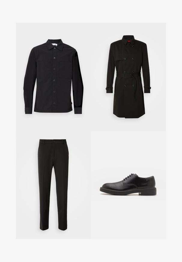 Mustade trench-takid, millel on kahekordselt nööbitud disain, suured nööbid, vööl olev rihm ja kõrge krae. Sile kangas matta viimistlusega.; Must mustaga with long varrukatega, millel on terav krae, esine nööpide sulgemine, kaks rinna taskut ja sile, tekstuuriga kangas.; Mustad püksid siledast kangast, sirgete jalgadega, nupuvõtme sulgemisega ja klassikaline disain, sobiv nii ametlikeks kui ka igapäevasteks kandmiseks.; Must beemel levalis kingad ümarate varvastega, sileda pinnaga, minimaalsete õmblustega ja madala kummist kontsaga. Logo kontsa peal.