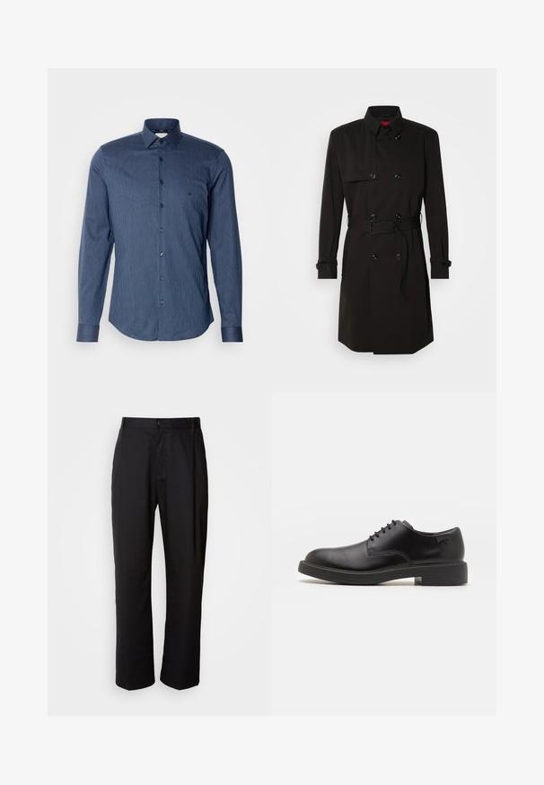 Zwarte trenchcoat met een dubbelzijdig ontwerp, grote knopen, een tailleband en een hoge kraag. Gladde stof met een matte afwerking.; Blauw gestreept overhemd met lange mouwen van katoen. Bevat een klassieke kraag, knoopsluiting aan de voorkant en een ronde onderkant. Gelaagd stof met een subtiele glans.; Zwarte broek met een rechte snit, gemaakt van lichtgewicht stof. Heeft een frontale knoopsluiting en twee zijzakken; gladde textuur.; Zwarte leren veterschoen met een ronde neus, een gladde textuur, minimale stiksels en een lage rubberen hak. Logo op de hak.