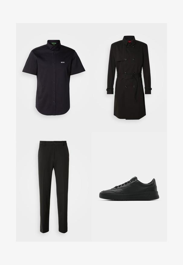 Zwarte trenchcoat met een dubbelzijdig ontwerp, grote knopen, een tailleband en een hoge kraag. Gladde stof met een matte afwerking.; Zwart T-shirt met korte mouwen van katoen, met een button-down kraag, subtiele logo op de borst en een klassieke rechte zoom.; Zwarte broek van gladde stof, met rechte pijpen, een knoopsluiting en een klassiek ontwerp dat geschikt is voor zowel formele als casual gelegenheid.; Zwarte sneaker met een glad leren bovenwerk, ronde neus, platte veters, gewatteerde kraag en minimalistisch design. Rubberen zool met een subtiel profiel.