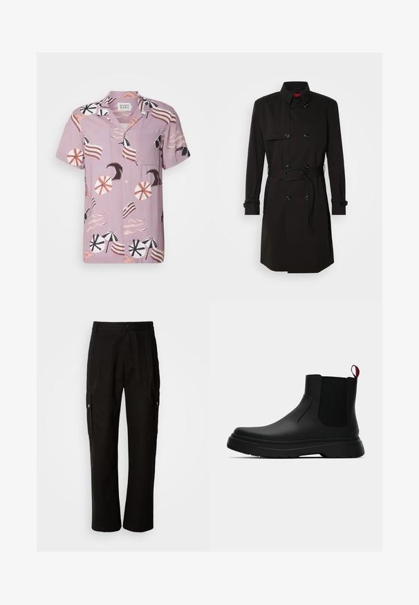 Melns tranšejas mētelis ar dubulto pogu dizainu, lielām pogām, jostu viduklī un augstu apkakli. Gluda auduma ar matētu apdari.; Īsām piedurkņu lavandas krāsas krekls ar pludmales motīvu, kurā attēloti lietussargi, viļņi un svītraini akcenti. Iekļauts krūšu kabata un pogu aizdare.; Melnas kokvilnas kravas bikses ar brīvu piegriezumu, ar sānu kabatām, pogu aizdari un taisnām kājām. Vienkāršs dizains bez rakstiem.; Melnas potītes ar gludu apdari, elastīgiem sānu paneļiem un kontrastējošu sarkano cilpu, aprīkotas ar biezu gumijas zoli un noapaļotu purngalu.