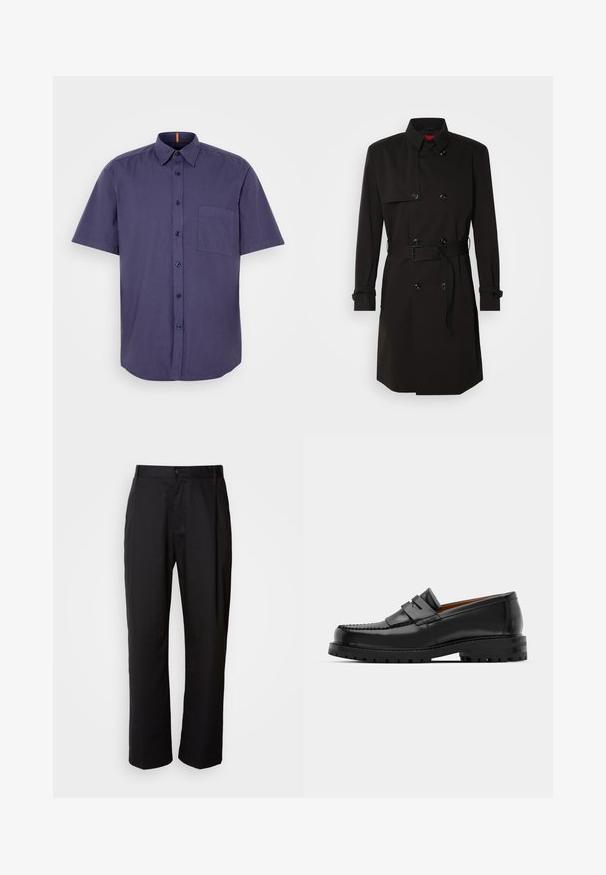 Cappotto lungo nero con design doppiopetto, grandi bottoni, vita con cintura e colletto alto. Tessuto liscio con finitura opaca.; Camicia con maniche corte, di colore blu navy, in cotone, con taschino sul petto e orlo curvo. Presenta bottoni scuri e un colletto.; Pantaloni neri con taglio dritto, realizzati in tessuto leggero. Presentano una chiusura frontale con bottone e due tasche laterali; texture liscia.; I mocassini in pelle nera presentano una cucitura sollevata, due fasce decorative sulla parte superiore e una suola spessa e texture per una maggiore aderenza.