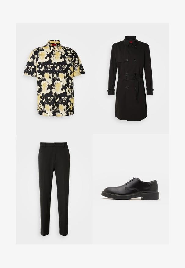 Mustat trench-takit, joissa on kaksirivinen malli, suuret napit, vyötärönauha ja korkea kaulus. Sileä kangas matta pinnalla.; Lyhythihainen paita mustana, jossa on keltainen kukkakuosi. Valmistettu kevyestä kankaasta, klassisella kauluksella ja napituksella edessä.; Mustat housut, jotka on valmistettu sileästä kankaasta, suoriin lahkeisiin, nappikiinnitykseen ja klassiseen muotoiluun, sopivat muodollisiin tai vapaa-ajan asuihin.; Mustat nahkasaappaat, joissa on pyöreä kärki, sileä pinta, minimaalinen ommel ja matala kumipohja. Logo kannassa.