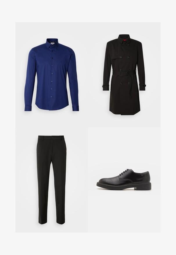 Juodas ilgas paltas su dvigubu užsegimu, didelėmis sagomis, diržu ties juosmeniu ir aukštu apykakle. Lygi medžiaga su matinio paviršiaus apdaila.; Jūrų mėlynos spalvos ilgomis rankovėmis marškiniai, pagaminti iš lygaus medvilnės, su sagų užsegimu ir struktūrizuotu apykakle, su subtiliu logotipu krūtinės srityje.; Juodi kelnes, pagamintos iš lygaus audinio, su tiesiomis kojomis, mygtuko uždarymu ir klasikiniu dizainu, tinkamu tiek formaliai, tiek kasdienei aprangai.; Juodas odinis batų modelis su raišteliais, apvaliu nosiu, lygiu paviršiumi, minimaliai siuvinėjimu ir žemu guminėmis pakulne. Ant pakulnės šalia logo.