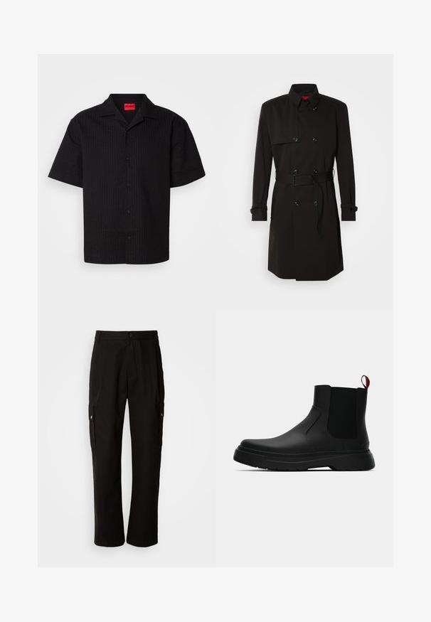 Mustade trench-takid, millel on kahekordselt nööbitud disain, suured nööbid, vööl olev rihm ja kõrge krae. Sile kangas matta viimistlusega.; Lühikeste varrukatega must nööpidega särk, millel on tekstuuriga muster, terav krae ja punane brändi silt, nähtavate nööpidega piki nööbirea.; Mustad mustadeks rõivasteks mõeldud puuvillased püksid, millel on lõdva istuvuse disain, küljetaskud, nööbiga sulgemine ja sirged sääred. Lihtne disain ilma mustriteta.; Mustad musta värvi ankle boot, millel on sile viimistlus, elastsed külgpaneelid ja kontrastne punane tõmbetaba. Saapadel on paks kummist tald ja ümar varvas.