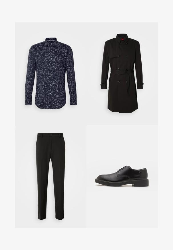 Czarny płaszcz typu trench z podwójnym zapięciem, dużymi guzikami, paskiem w talii oraz wysokim kołnierzem. Gładki materiał o matowym wykończeniu.; Granatowa koszula z wywijanym kołnierzykiem, z rozproszonym białym wzorem w kropki. Długie rękawy z guzikami i zakrzywiony dół.; Czarne spodnie z gładkiego materiału, z prostymi nogawkami, z zapięciem na guzik i klasycznym wzornictwem, odpowiednie zarówno na formalne, jak i codzienne okazje.; Czarny skórzany but za kostkę z okrągłym noskiem, gładką fakturą, minimalnym przeszyciem i niskim gumowym obcasem. Logo na pięcie.