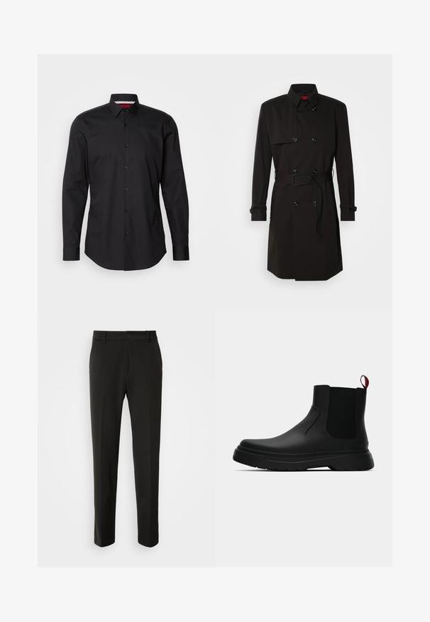 Melns tranšejas mētelis ar dubulto pogu dizainu, lielām pogām, jostu viduklī un augstu apkakli. Gluda auduma ar matētu apdari.; Melna krekla ar garām piedurknēm, klasiskā apkakle un redzamā pogu rinda. Iekšējā apkakles daļā ir sarkana un balta raksta detaļa.; Melnas bikses no gludas auduma ar taisnām kājām, pogu aizdari un klasisku dizainu, kas piemērots gan formālai, gan ikdienišķai valkāšanai.; Melnas potītes ar gludu apdari, elastīgiem sānu paneļiem un kontrastējošu sarkano cilpu, aprīkotas ar biezu gumijas zoli un noapaļotu purngalu.