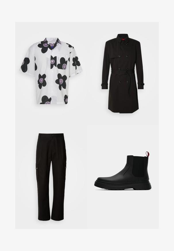 Sort trenchcoat med dobbeltrækkerdesign, store knapper, beltestrop i taljen og høj krave. Glat stof med mat finish.; HUGO ELIGINO - Skjorter - white; Sorte cargo bukser lavet af bomuld med en afslappet pasform, der har sidelommer, knaplukning og lige ben. Enkel design uden mønstre.; Sort ankelstøvle med en glat overflade, elastiske sidepaneler og en kontrasterende rød træksløjfe, der har en tyk gummisål og rund tå.