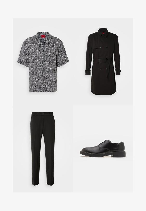 Svart trench coat med dubbelknäppt design, stora knappar, midjebälte och hög krage. Slät tyg med matt ytfinish.; Kortärmad, mönstrad skjorta i svart och vitt med camp krage och lös passform. Har en geometrisk design och en röd HUGO-etikett vid kragen.; Svarta byxor tillverkade av slät tyg, med raka ben, knappstängning och en klassisk design som passar för både formell och avslappnad användning.; Svart läder snörsko med rund tå, slät yta, minimal söm och låg gummihäl. Logotyp på hälen.