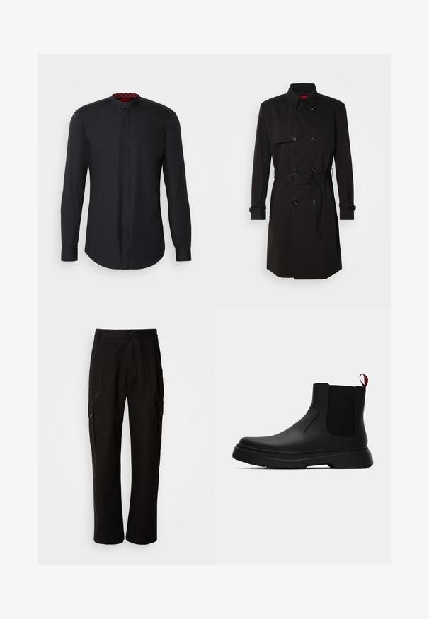 Cappotto lungo nero con design doppiopetto, grandi bottoni, vita con cintura e colletto alto. Tessuto liscio con finitura opaca.; Camicia nera a maniche lunghe con colletto alla cinese, caratterizzata da un patta dei bottoni nascosta e un dettaglio interno del colletto a motivo rosso. Tessuto dalla superficie liscia.; Pantaloni cargo neri in cotone con vestibilità comoda, dotati di tasche laterali, chiusura a bottone e gambe dritti. Design semplice senza motivi.; Stivale alla caviglia nero con finitura liscia, pannelli laterali elastici e un tab di presa rosso a contrasto, dotato di una suola in gomma spessa e punta arrotondata.