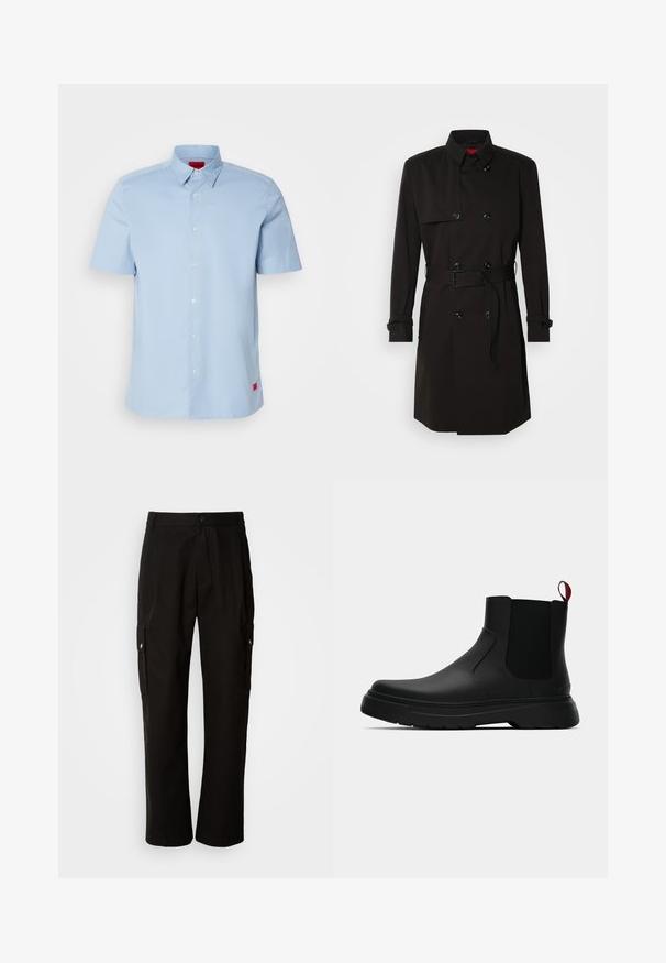 Fekete trench kabát, dupla gombos dizájnnal, nagy gombokkal, övvel ellátott derékkal és magas gallérral. Simább anyag, matt felülettel.; Világoskék, rövid ujjú ing, gombos gallérral, elülső gombolási pánttal és piros logóval a bal alsó oldalon.; Fekete vászont nadrág laza szabással, oldalsó zsebekkel, gombos záródással és egyenes lábakkal. Egyszerű minta nélküli design.; Fekete bokacipő sima felülettel, ruganyos oldalsó panelek és kontrasztos piros húzópánt jellemzi, vastag gumitalppal és lekerekített orral.
