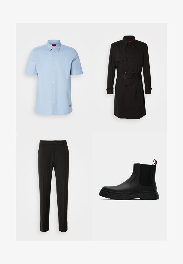 Črni plašč s dvojno zadrgo, velikimi gumbi, pasom in visokim ovratnikom. Gladek material z mat površino.; Svetlo modra kratka majica s kratkimi rokavi in gumbom na ovratniku, ki ima sprednji gumbasti placket in rdeč akcent logotipa na spodnji levi strani.; Črne hlače iz gladkega materiala, s straight nogavicami, z gumbom za zapiranje in klasičnim dizajnom, primerne za formalne ali sproščene priložnosti.; Črne gležnjarje z gladkim zaključkom, elastičnimi stranskimi paneli in kontrastnim rdečim izvlečnim trakom, ki vključujejo debel gumijast podplat in zaobljen nos.