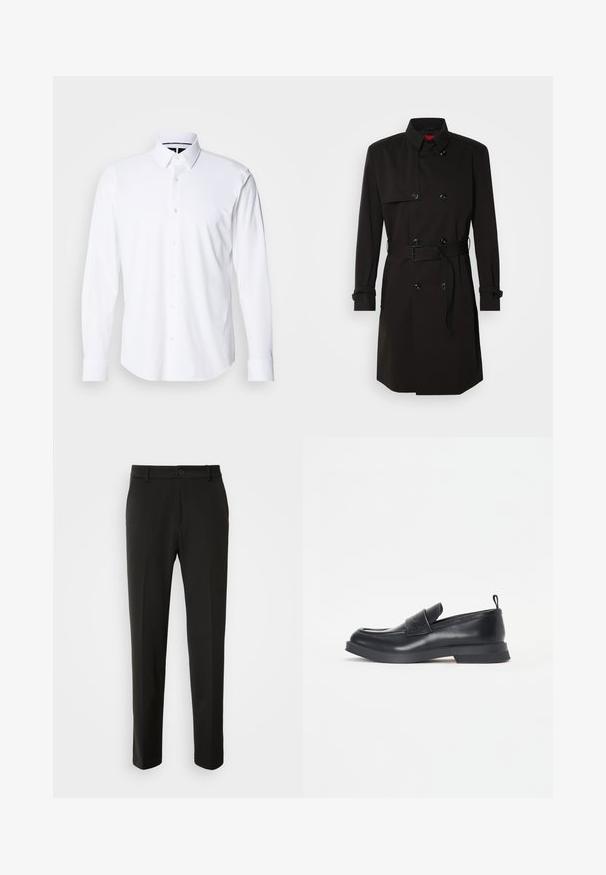 Palton negru cu un design cu dublu rând, butoane mari, talie cu curea și guler înalt. Material neted cu o finisare mată.; Cămașă albă cu mâneci lungi, realizată dintr-un material neted, dotată cu un guler cu nasturi și șase nasturi pe față; manșetele sunt finisate cu atenție pentru un aspect îngrijit.; Pantaloni negri dintr-un material neted, cu picioare drepte, închidere cu nasture și un design clasic, potriviți atât pentru ocazii formale, cât și pentru cele casual.; Mocasini negri din piele cu vârful rotund, detaliu cu curea frontală și talpă din cauciuc joasă. Prezintă cusături subtile și o bandă de prindere în spate.