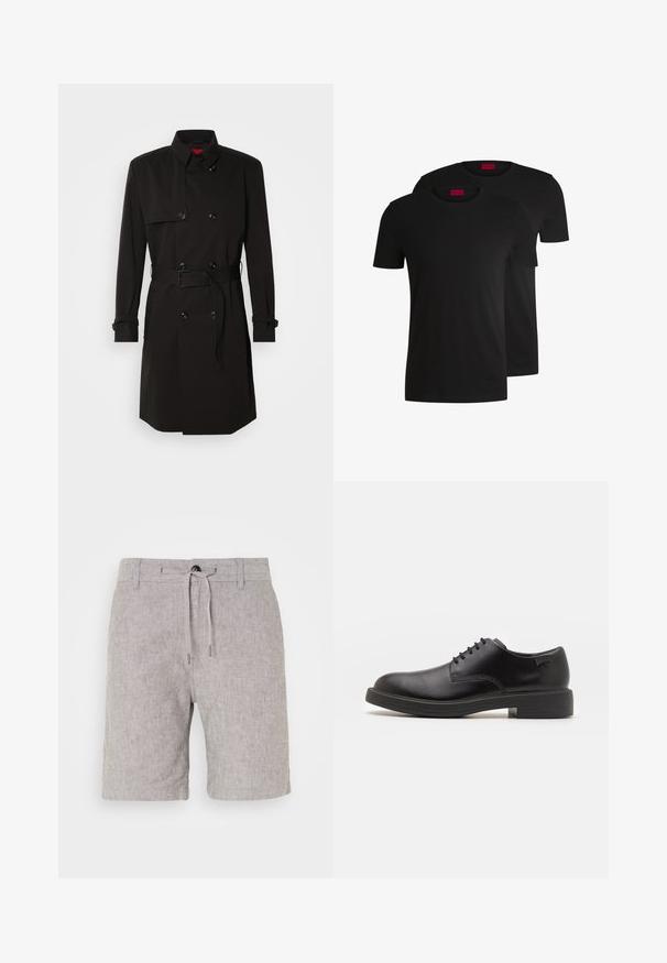 Black trench coat featuring a double-breasted design, large buttons, a belted waist, and a high collar. Smooth fabric with a matte finish.; Two black cotton t-shirts with short sleeves and crew necks. Both feature a red brand label at the neckline. Simple, classic design.; Light gray linen shorts with a drawstring waist, straight cut, and subtle texture. Features a single button closure and rolled hems.; Black leather lace-up shoe with a rounded toe, smooth texture, minimal stitching, and a low rubber heel. Logo on the heel.