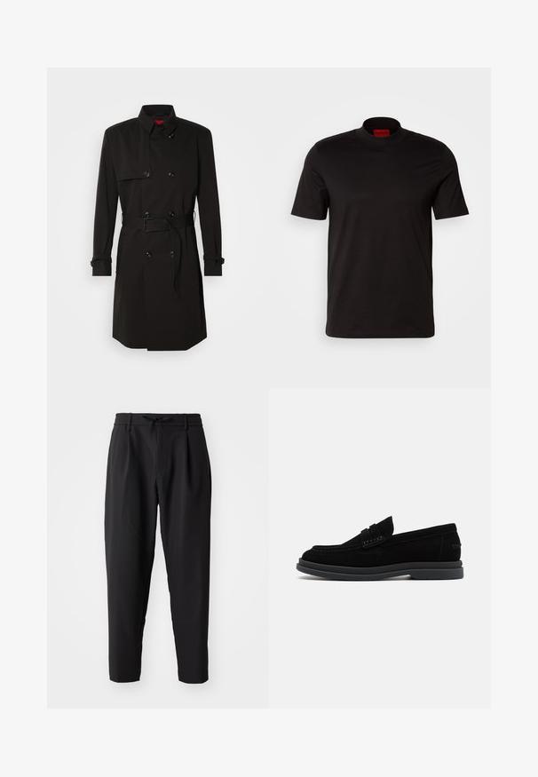 Zwarte trenchcoat met een dubbelzijdig ontwerp, grote knopen, een tailleband en een hoge kraag. Gladde stof met een matte afwerking.; Zwarte korte mouw t-shirt met een hoge nek ontwerp. Gemaakt van soepele stof. Bevat een rood merklabel op de binnenkant van de kraag.; Zwarte tapering broek met een elastische tailleband en trekkoord. Glad materiaal met een lichte textuur, voorzien van plooien en zijzakken.; HUGO CHAOL - Instappers - black
