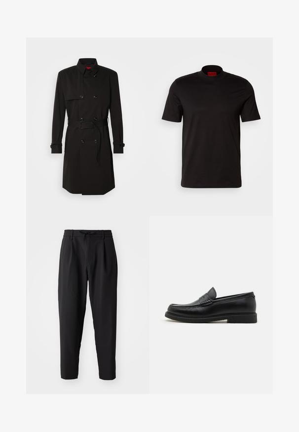 Black trench coat featuring a double-breasted design, large buttons, a belted waist, and a high collar. Smooth fabric with a matte finish.; Black short-sleeve t-shirt with a high neck design. Made from smooth fabric. Features a red brand label on the inside collar.; Black tapered trousers with an elastic waistband and drawstring. Smooth fabric with a lightweight texture, featuring pleats and side pockets.; Black leather loafers with a rounded toe, decorative stitched detailing, and a textured rubber sole, featuring a low heel.