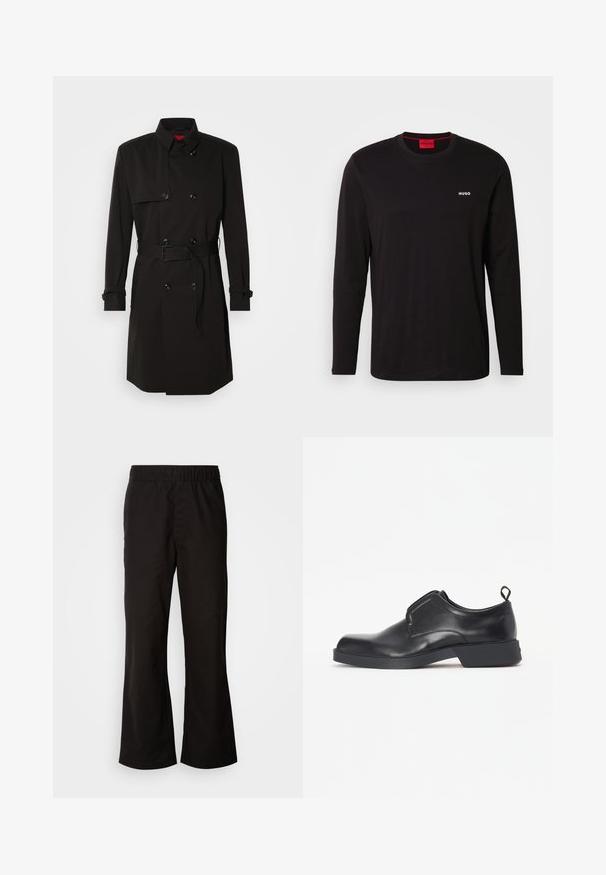 Melns tranšejas mētelis ar dubulto pogu dizainu, lielām pogām, jostu viduklī un augstu apkakli. Gluda auduma ar matētu apdari.; Melnas garām piedurknēm T-krekls, kas izgatavots no kokvilnas, ar apaļu kakla izgriezumu un balto "HUGO" logotipu uz krūtīm. Gluda tekstūra, ikdienas piegriezums.; Melnas elastīgas jostas bikses ar izplūdušu formu, izgatavotas no gludas kokvilnas auduma. Iezīmē vienkāršu dizainu un taisnas kāju atveres.; Melnas ādas kurpes bez saitēm ar noapaļotu purngalu un nelielu papēdi, ar priekšējo uzlikumu un mazu cilpu aizmugurē.