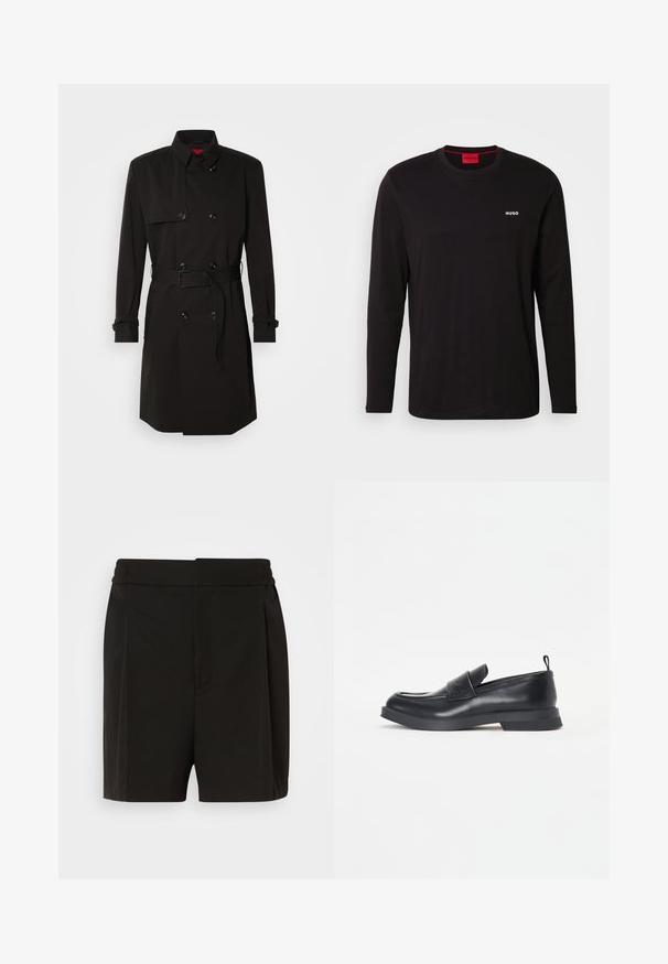 Cappotto lungo nero con design doppiopetto, grandi bottoni, vita con cintura e colletto alto. Tessuto liscio con finitura opaca.; Maglietta nera a maniche lunghe in cotone, con scollo rotondo e logo bianco "HUGO" sul petto. Texture liscia, vestibilità casual.; Pantaloni neri realizzati in un tessuto liscio, con un design frontale a pieghe e una vita elastica. Le gambe a taglio dritto offrono una vestibilità comoda.; Mocassini in pelle nera con punta arrotondata, dettaglio della fascia frontale e suola in gomma bassa. Presentano cuciture sottili e un'apertura sul tallone.