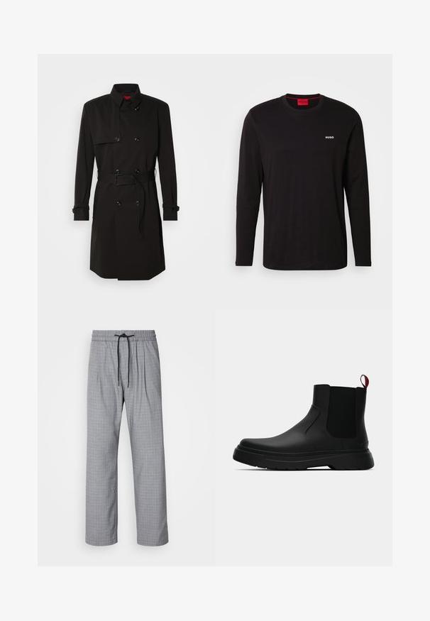 Juodas ilgas paltas su dvigubu užsegimu, didelėmis sagomis, diržu ties juosmeniu ir aukštu apykakle. Lygi medžiaga su matinio paviršiaus apdaila.; Juodas ilgomis rankovėmis medvilninis marškinėlis, turintis apvalų iškirpimą ir baltą "HUGO" logotipą ant krūtinės. Lygus paviršius, laisva silueto forma.; Pilki languoti kelnių su laisvu siluetu, su elastinga juosta ir raišteliu, pritaikytu dizainu ir lygiomis tekstūromis.; Juodas kulkšninis batas su lygiu paviršiumi, elastiniais šonų intarpais ir kontrastingu raudonu kilimėliu, turintis storą guminį pado ir apvalią nosį.