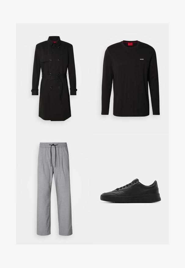 Black trench coat featuring a double-breasted design, large buttons, a belted waist, and a high collar. Smooth fabric with a matte finish.; Black long-sleeve t-shirt made of cotton, featuring a round neckline and a white "HUGO" logo on the chest. Smooth texture, casual fit.; Gray checkered pants with a relaxed fit, featuring an elastic waistband and drawstring, tailored design, and smooth texture.; Black sneaker with smooth leather upper, round toe, flat laces, cushioned collar, and minimalistic design. Rubber sole with subtle tread pattern.