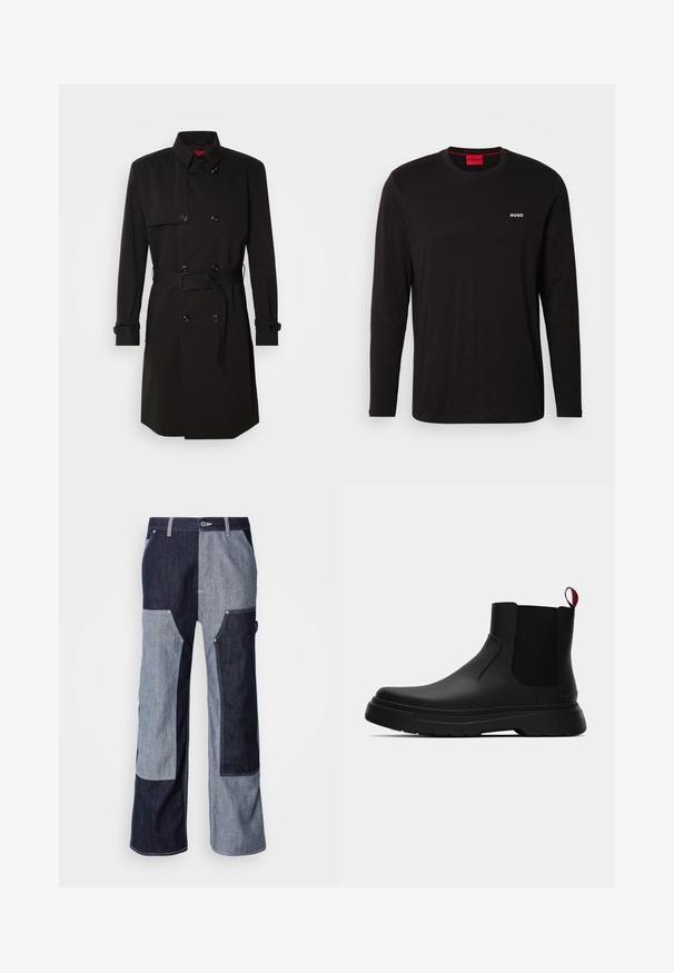 Black trench coat featuring a double-breasted design, large buttons, a belted waist, and a high collar. Smooth fabric with a matte finish.; Black long-sleeve t-shirt made of cotton, featuring a round neckline and a white "HUGO" logo on the chest. Smooth texture, casual fit.; Denim pants featuring a patchwork design in various shades of dark and light blue, with contrast stitching and wide, straight legs.; Black ankle boot with a smooth finish, elastic side panels, and a contrasting red pull tab, featuring a thick rubber sole and rounded toe.