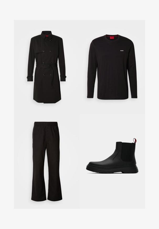 Črni plašč s dvojno zadrgo, velikimi gumbi, pasom in visokim ovratnikom. Gladek material z mat površino.; Črna dolgosleeve majica iz bombaža, z okroglim ovratnikom in belim logotipom "HUGO" na prsih. Gladka tekstura, sproščen kroj.; Črne hlače z elastičnim pasom in razširjenim krojem, narejene iz gladkega bombažnega blaga. Imajo preprost dizajn in ravne odprtine za noge.; Črne gležnjarje z gladkim zaključkom, elastičnimi stranskimi paneli in kontrastnim rdečim izvlečnim trakom, ki vključujejo debel gumijast podplat in zaobljen nos.